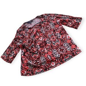 Denim 24/7 Stretch Top Red Black White Floral Paisley Print Ladies Large 18 / 20